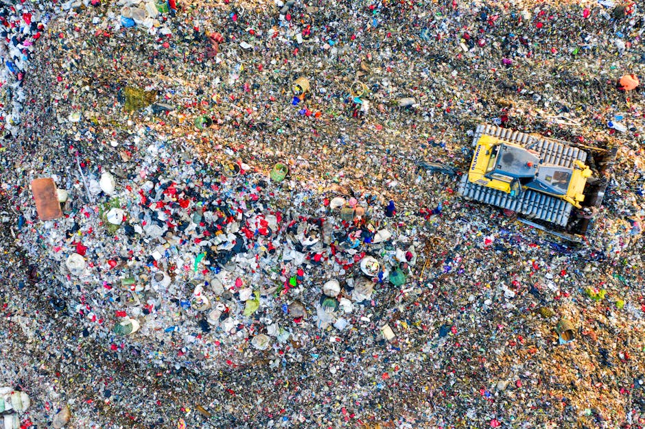 A pile of mixed waste materials is gathered at the base of a weathered brick wall next to a tree trunk. The refuse includes flattened cardboard boxes with printed labels, brown paper packaging, and a